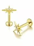PiercingJak 2Stk Helix Piercings Gold F136 Titan Ohrstecker mit Stern Sterne Ohrpiercing Labret Ohr Klein Tragus Knorpel Stud Piercing Stäbe Stecker 16g 8mm