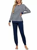 Breampot Schlafanzug Damen Lang Pyjamas Baumwolle Rundhals Nachtwäsche Set Winter Freizeitanzug Schlafanzüge mit Bündchen (Dunkelblau, X-Large)