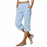 KOG 3/4 Hose Damen Leinenhose Elegante Sommerhosen Baumwolle Leinen Cargohose Leicht Pants Women Jogginghosen Lose Yogahose Laufhose Arbeitshosen Weites Bein Cargo Hosen Hellblau L