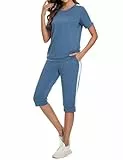 Aottori Jogginganzug Damen Freizeitanzug Baumwolle Trainingsanzug Frauen Streifen Sportanzug Fitnessanzug mit Taschen Blau L
