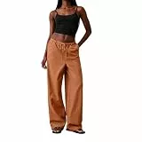 Generisch Leinenhose Damen Sommer, Weites Bein, Elastischer Bund mit Kordelzug, Taschen, Leicht & Atmungsaktiv, Locker Passende Freizeithose Livonmone Leinenhose Damen