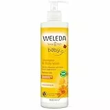 WELEDA Bio Calendula Baby XL Waschlotion & Shampoo vegan - Naturkosmetik Duschgel zur Hautpflege / Haarpflege bei Neugeborenen. Babypflege Dusche für empfindliche Haut, mild zu den Augen (1x 400ml)