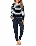 Bresdk Schlafanzug Damen Lang Pyjama Set Langarm Baumwolle Winter Nachtwäsche Frauen Dunkelblau XXL