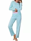 Crewhpo Schlafanzug Lang Damen Pyjama in Kontrastfarbe Nachtwäsche Zweiteiliger Baumwolle Schlafanzüge für Winter Loungewear Set Frauen Freizeitanzug mit Rundhalsausschnitt