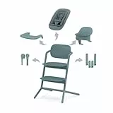 CYBEX Gold LEMO Hochstuhl 4in1-Set, Mitwachsend, 0 - 99 Jahre, Ab Geburt, Inkl. Bouncer Nest, Baby-Set, Snack Tray, Neugeboreneneinlage und Adapter-Set, Buchenholz/Aluminium/Kunststoff, Stone Blue