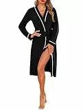 Vlazom Damen Bademantel Langarm V-Ausschnitt Morgenmantel Leicht Kimono Robe Saunamantel Spa Sleepwear für Alle Jahreszeiten（S，Schwarz）