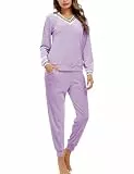 Totatuit Schlafanzug Damen Lang Pyjama Fleece Nachtwäsche Winter Schlafanzüge mit Bündchen