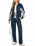 Terecey Streatwear Trainingsanzüge Damen Leicht Sportanzug Freizeitanzug Jogginganzug Langarm mit Reißverschluss Kordelzug Taschen Frauen Streifen Tracksuit Fitnessanzug, Jeansblau XXL
