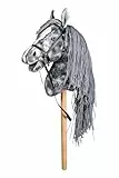 HKM Hobby Horse Beni – Steckenpferd Silbergrau, abnehmbare Trense & Lange Mähne, 40 cm Holzstiel – für Hobby Horsing Dressur & Parcours