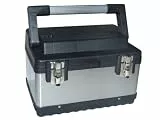 Perel Edelstahl Werkzeugkiste mit herausnehmbarem Einsatz, Metall Toolbox mit Aluminiumgriff und Metallverschlüssen, Werkzeugkoffer für Werkstatt und Garage, 38 x 27 x 22,5 cm, 23 L