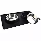 MOACC Fressnäpfe für Hunde und Katzen, 2 x 400ml Edelstahl Doppel Napf Schalen mit Nicht kleckern Rutschfesten silikon tablett Matte Reisen Schüssel Haustier Lebensmittel Wassernapf