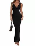 REORIA Damen Sommer V Ausschnitt Ärmelloses Hochzeitsgast Maxikleid Sexy Mesh Bodycon Langkleid Schwarz Onyx Medium