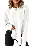 Fisoew Pullover Damen Rundhals Langarm Sweatshirts Seiten Schlitz Langarmshirts Elegant Basic Pulli Loose Tunika Tops Casual Oberteile Weiß XXL