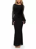SEBOWEL Damen Mesh Zweiteiler Set Langarm Crop Top Rock Outfit Bodycon Maxi Flowy Röcke Passende Sets für Frauen Herbst, Schwarz, X-Klein