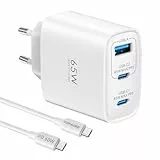 USB C Ladegerät 65W 3-Port USB-C Netzteil PPS Schnellladegerät PD Charger kompatibel mit MacBook Pro/Air, für iPad Pro/Air, für iPhone 16/15, Galaxy S24 Ultra, Pixel, Steam (Weiß)