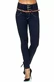 Elara Damen Jeans Skinny High Waist Hose mit Gürtel und Push Up Effekt Chunkyrayan 1577 Blue-38 (M)