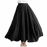 Rock Damen Lang Leinen Röcke Elegant Maxirock Langer Luftiger Sommerrock Elastische Taille Freizeitrock Einfarbig Casual Damenrock Strandrock Frauen Schwarz M