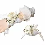 Künstliche Rose Handgelenk Corsage mit einfacher Anstecknadel für Hochzeitsveranstaltungen, geeignet für Braut und Bräutigam (gebrochenes Weiß)