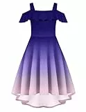 Arshiner Kleider für Mädchen Off Shoulder Kleid Farbverlauf Sommer Kinderkleider Freizeitkleid Partykleid Lässig Kinderkleidung mit Tasche Navy Blau 150/11-12 Jahre