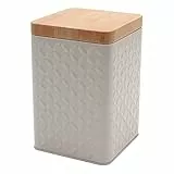 Dekohelden24 Vorratsdose/Keksdose aus Metall in grau, Deckel in Holzoptik, Größe L/B/H: ca. 16 x 10,5 x 16 cm