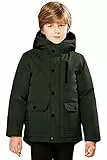 SOLOCOTE Winterjacke für Jungen, warm, dick, schwer, robust, lang, winddicht, mit Kapuze, Olivgrün, 7-8 Jahre