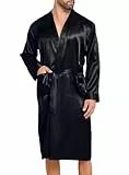 Lovasy Satin Bademantel Herren Lang Kimono Bademäntel für Herren Leicht Morgenmantel Zwei Seitentaschen mit Gürtel,Schwarz,XXL