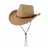 Haayymo Cowboyhut für Männer und Frauen, Unisex Western Cowboy Hut, Filz Wide Edge Western Cowboy Hut Klassischer Panamahut Outdoor Wide Edge Hut mit Riemen (Camel)