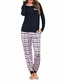 Leversic Schlafanzug Damen Lang Kariert Zweiteiliger Pyjama Set, Rundhals Oberteil und Schlafanzughose Loungewear Hausanzug Baumwolle Nachtwäsche, 1077-Navy, S