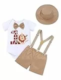FYMNSI Baby Boy 1. Geburtstag Cake Smash Outfit Dschungel Safari Party Kurzarm Strampler Shorts Y-Rücken Hosenträger Hut 4-teiliges Set, khaki, 12-18 Months