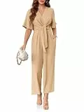 Cicy Bell Damen Elegante V-Ausschnitt Jumpsuits Dressy Casual Kurze Ärmel Weite Beine Lange Hosen Rompers, Khaki, Medium