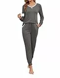 Namatime Schlafanzug Damen Lang Pyjama Baumwolle Zweiteiliger Nachtwäsche mit Spitze Pyjama Set Wram Sleepwear und Pyjamahose für Winter Dunkelgrau L