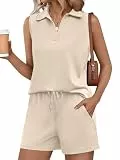 Glamaker Ärmelloses zweiteiliges Damen-Set, Sommer, V-Ausschnitt, Sweatsuits, Air-Essentials, Outfits, Reise-Trainingsanzug, Khaki, Small