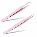 Dreamil Wimpern Pinzette,2Stück Edelstahl Pinzetten,Professionelle Pinzette Wimpern,Geraden Und Gebogenen Pinzette für Wimpernverlängerungen (Rosa)