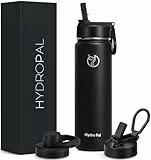 HydroPal Vakuumisolierte Edelstahl-Wasserflasche, 1200 ml/950 ml/650 ml, 2 Deckel (Strohhalmdeckel und Auslaufdeckel), 2 Trinkhalme, Fitnessstudio, Training ravel