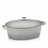 kela Bräter Gusseisen oval 6 Liter, Dutch Oven CALIDO, Induktion Gussbräter mit Deckel, Gusseisen Topf Brot backen, emailliert, hellgrau
