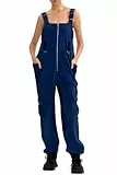 CHERFLY Jumpsuits für Damen, ärmellos, Reißverschluss vorne, einteiliges Outfit, Sodalitblau, Medium