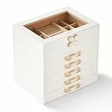Vee Schmuckkästchen Groß,Schmuckkasten mit 6 Ebenen, Schmuck Organizer mit Glasdeckel, 5 Schubladen,für Halsketten, Ohrringe, Uhren, Armbänder (Weiß 6 Ebenen)