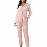 Dwevkeful Schlafanzüge Für Damen, Langarm Langhose Winter Pyjama aus Baumwolle | Warmer Hausanzug mit Weiten | Kuscheliger Pyjama für Kalte Nächte, C, M