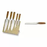 Echtwerk Damastmesser Set 6 Teilig, Holz, Silber, 21,5 x 12,5 x 35,7 cm, 6-Einheiten(5 Messer + Messerblock) & Edition aus hochwertigem Stahl, Brotmesser mit Wellenschliff, Küchenmesser 20 cm