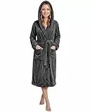 NY Threads Morgenmantel Damen mit Kapuze Fleece Plüsch Weich Bademantel Nachtwäsche Hausmantel (Mittel,Dunkelgrau)