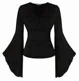 SCARLET DARKNESS Damen Renaissance Trachtenbluse Vintage V Ausschnitt Plissee Oberteile Schwarz L