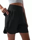 BebreezChic Sporthose Kurz Damen Sommer Hohe Taille Sport Shorts 2 in 1 mit Tasche Schnelltrocknende Running Shorts Fitness Yoga Kurze Hose