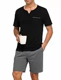 Terecey Herren Pyjama Set Kurz V-Ausschnitt Schlafanzug Weiche Baumwolle Sommer Nachtwäsche Zweiteilige mit T-Shirt und Schlafanzughose mit Tasche fur Männer, Schwarz M