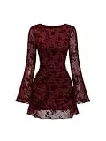 SweatyRocks Damen Langarm Kleid Elegant Minikleid mit Blumenmuster Runkhals Langarm Partykleider A Linie Spitzekleid mit Glockenärmel Festival Outfit Bordeaux XS