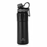 SANTECO Trinkflasche Edelstahl mit Verlustsichere Deckels, Thermosflasche 830ml BPA-Frei mit Tragering, Wasserflasche Auslaufsicher Isolierflasche Spülmaschinenfest für Fahrrad Wandern Schwarz