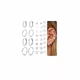 CASSIECA 12 Paar Ohrringe Silber Set, 316L Chirurgenstahl Ohrringe für Damen Herren Medizinische Ohrstecker und Creolen für Mehrfachpiercing 14K Vergoldet Helix Tragus Piercing Ohr Silber