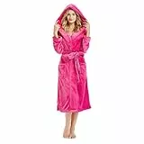 HEARTNICE Damen Fleece Bademantel mit Kapuze, weicher Plüsch Morgenmantel Bädemantel für Damen, flauschig süß Lange Hausmantel (Rosarot, L/XL)