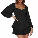 Pink Queen Damen Boho Jumpsuit Laterne Langarm Rüschenschicht Fliege Rücken Taille Mini Kleid Kurzer Strampler Schwarz S