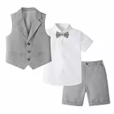 LOLANTA 4-teiliger Kinder Freizeit Anzug Set, Jungen Sommer Festlich Hochzeitsanzug, Kurzarm Hemd, Fliege, Weste, Kurze Hose, Grau, 7-8 Jahre, 140
