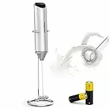 Bonsenkitchen Elektrischer Milchaufschäumer, Handheld Milchschäumer Stab, mit Edelstahlständer und Batterie, geeignet für Latte, Cappuccino und Matcha, Geschenke für Kaffeeliebhaber, Silber